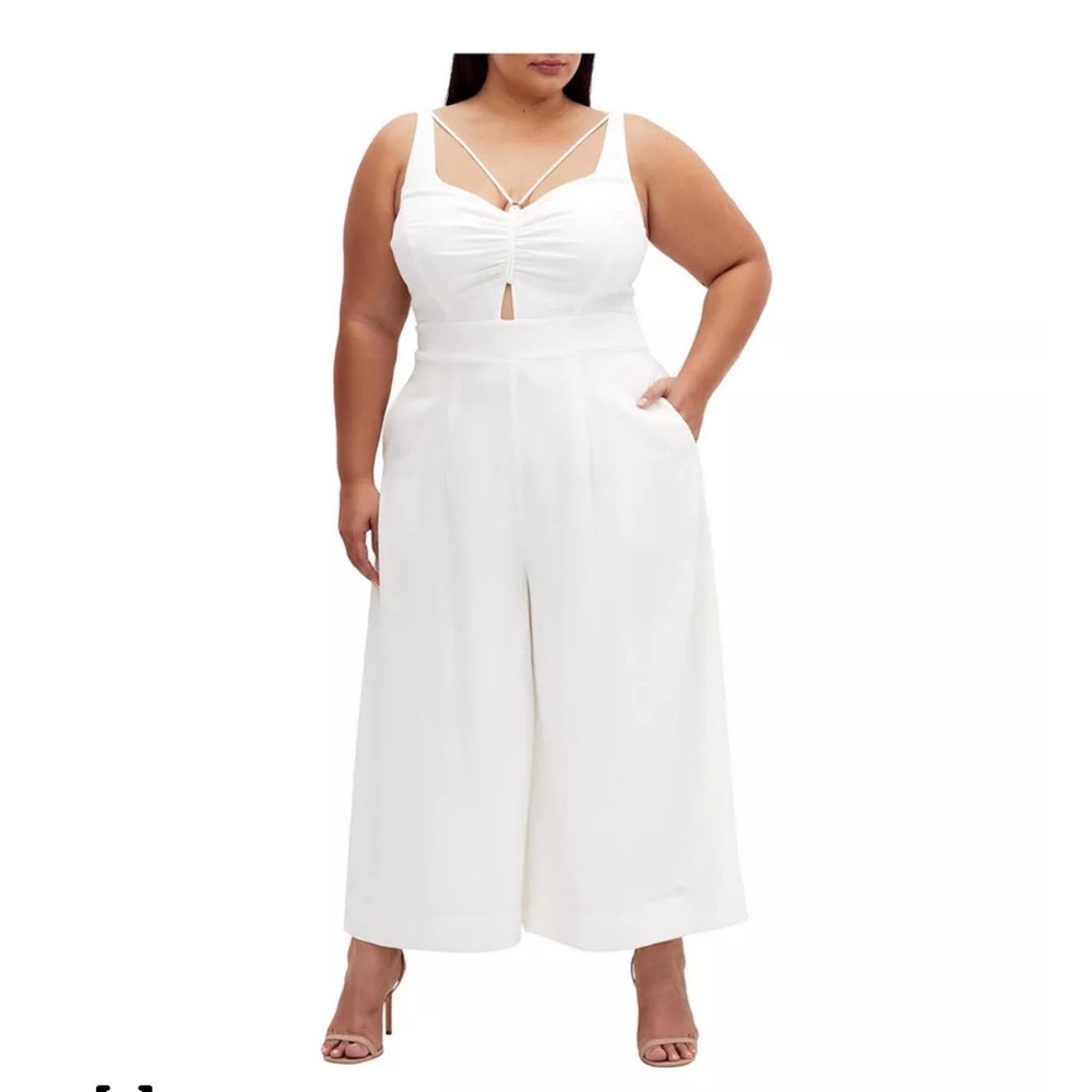 City Chic White Linen Jumpsuit Wide Leg Size 12 Plus Summer‎ Minimalist Coastal